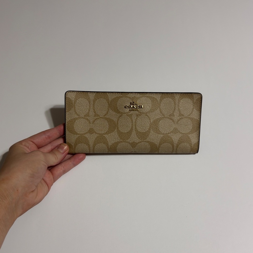 Coach Slim Envelope Wallet Signature Canvas Khaki Saddle Brown Gold Tone Logo